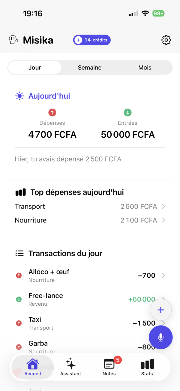 Capture d’écran Misika — Accueil avec transactions et saisie vocale